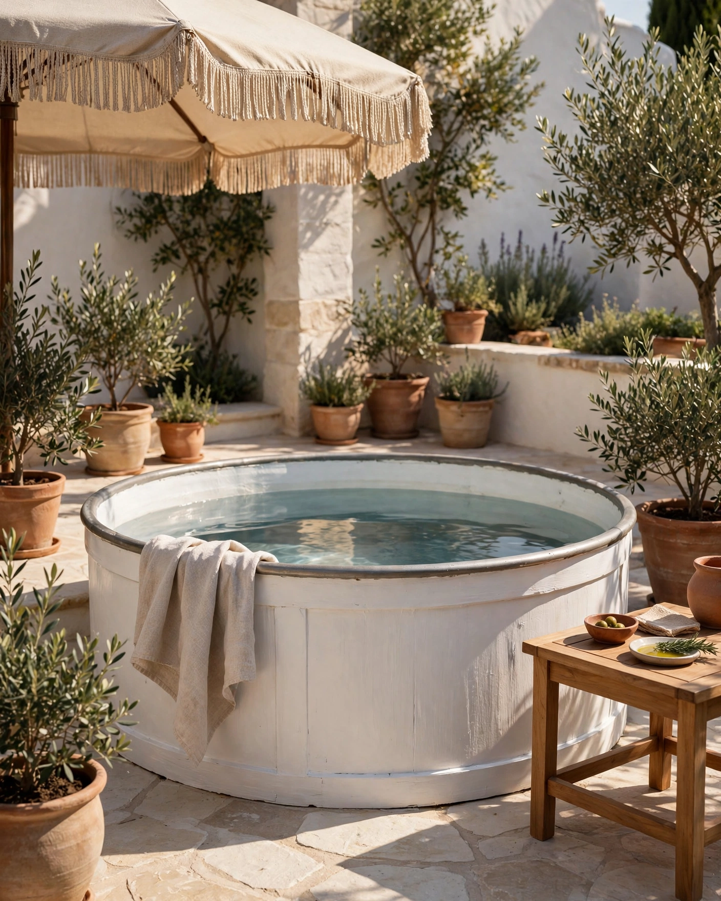 Mediterranean Patio Styling with Umbrella - 19 Stock Tank Pool Setup Ideas for a Stylish Backyard