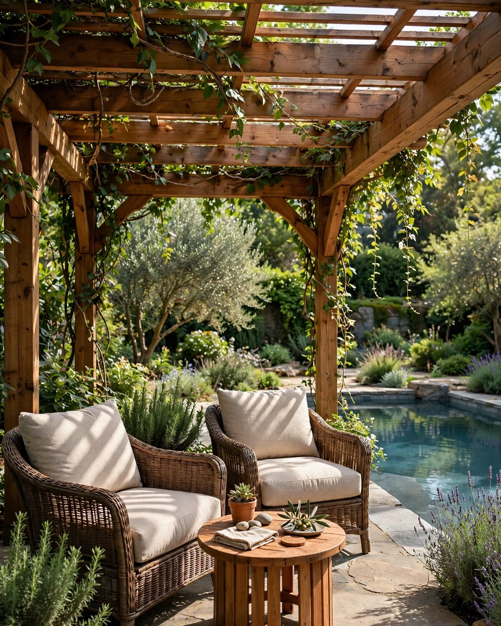 Poolside Pergola Lounge - 21 Garden Pool Ideas for a Calm and Natural Backyard
