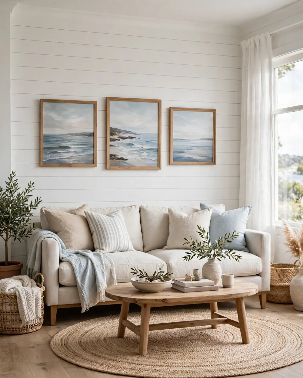 Shiplap Accent Wall in Soft White - 13 Coastal Living Room Ideas for a Calm Collected Feel