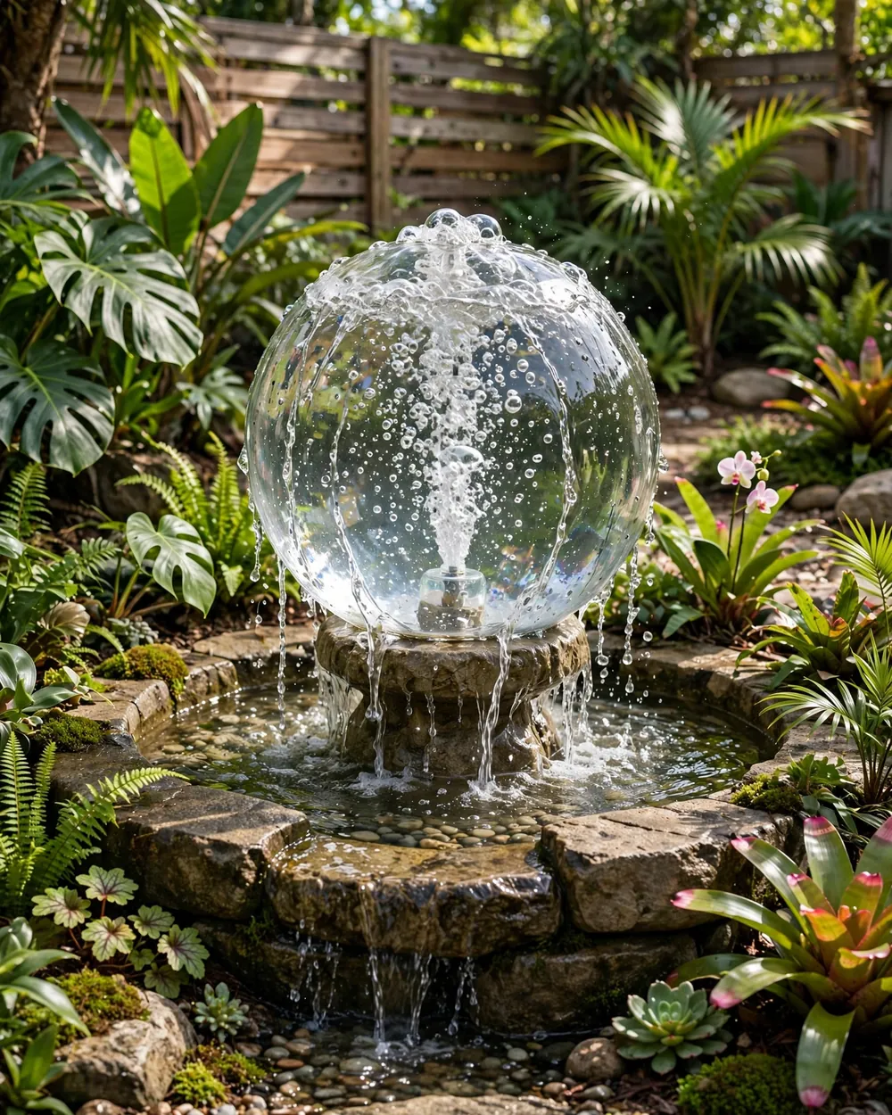 Bubbling Glass Fountain Feature - 22 Glass Yard Art Ideas to Upgrade Your Landscape Style