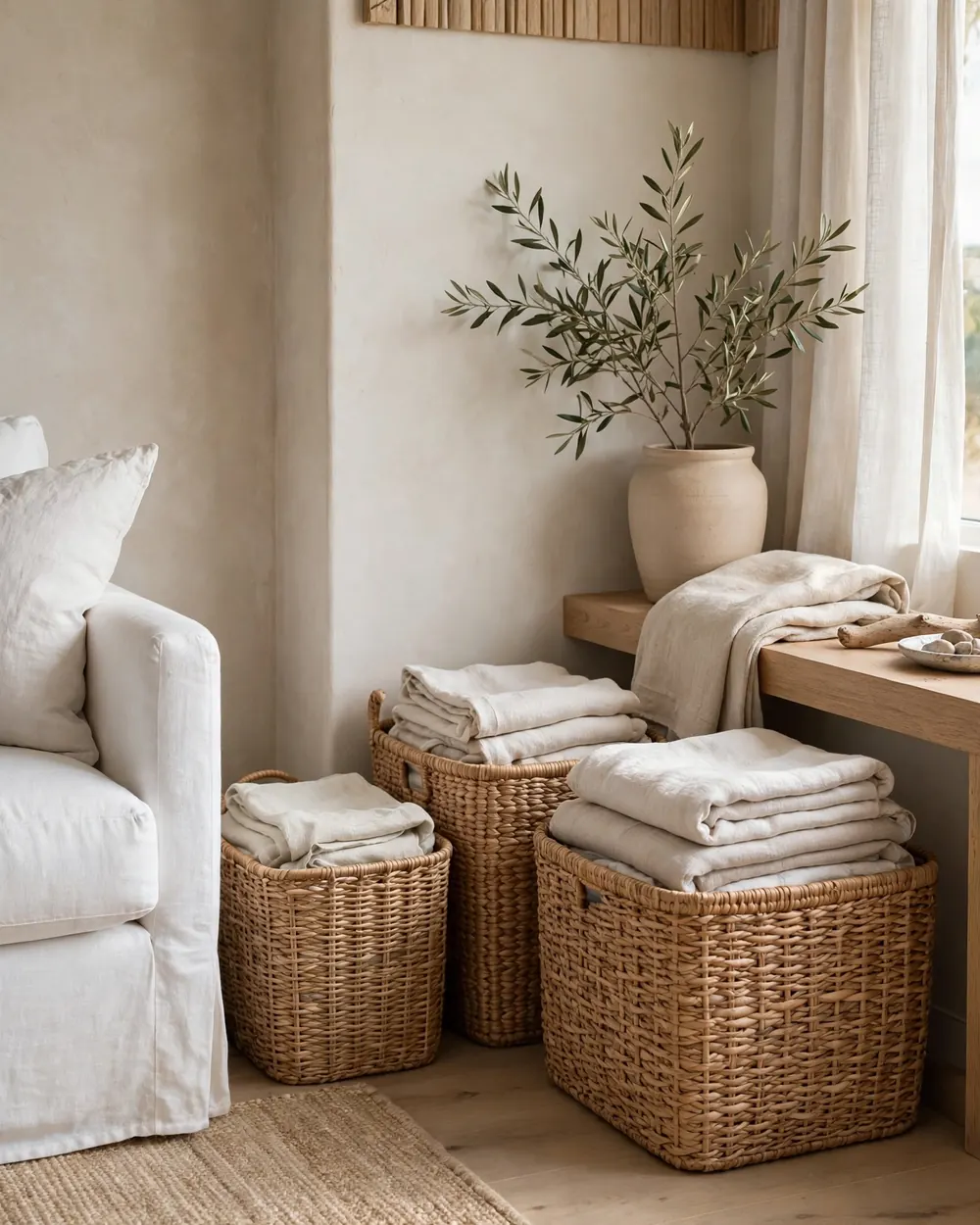 Woven Baskets for Relaxed Storage - 13 Coastal Living Room Ideas for a Calm Collected Feel