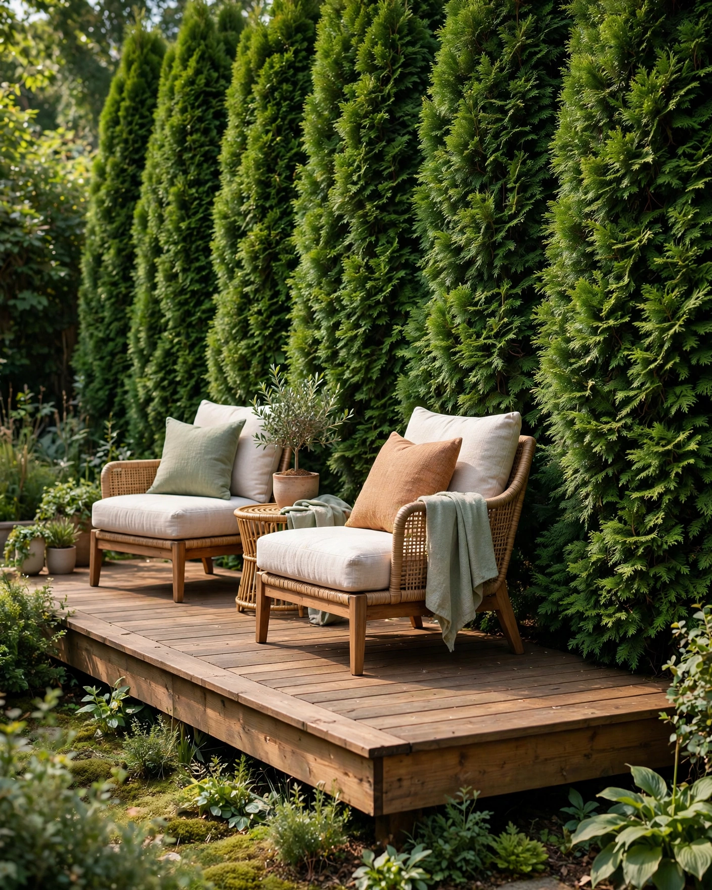 Evergreen Hedge Along the Deck Edge - 12 Deck Privacy Ideas for a More Comfortable Backyard