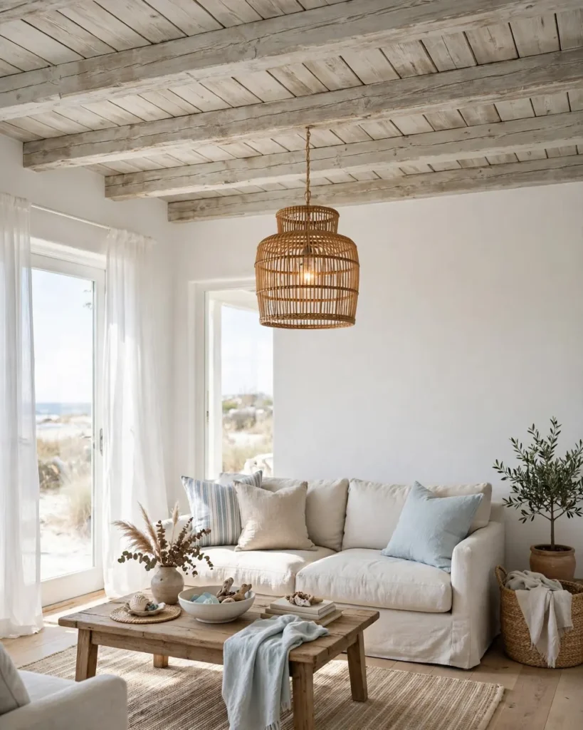 Weathered Wood Beams and Ceiling Details - 13 Coastal Living Room Ideas for a Calm Collected Feel