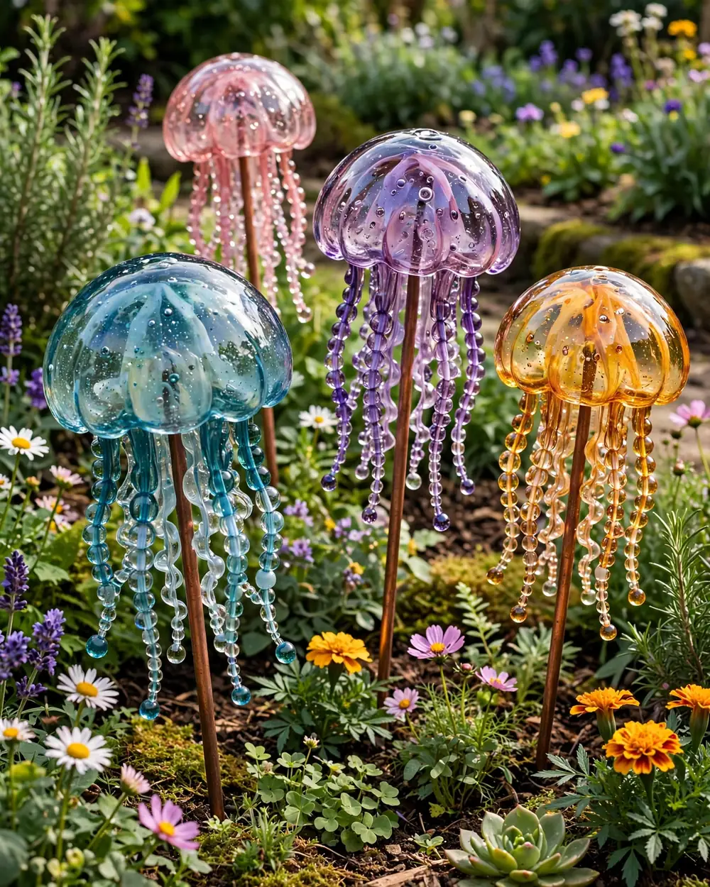 Glass Jellyfish Garden Stakes - 22 Glass Yard Art Ideas to Upgrade Your Landscape Style