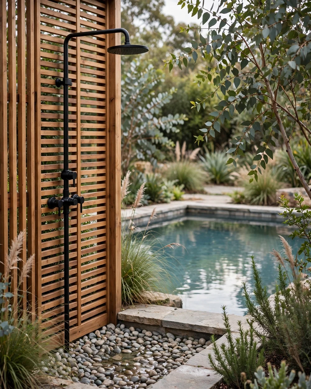Pool with Outdoor Shower - 21 Garden Pool Ideas for a Calm and Natural Backyard