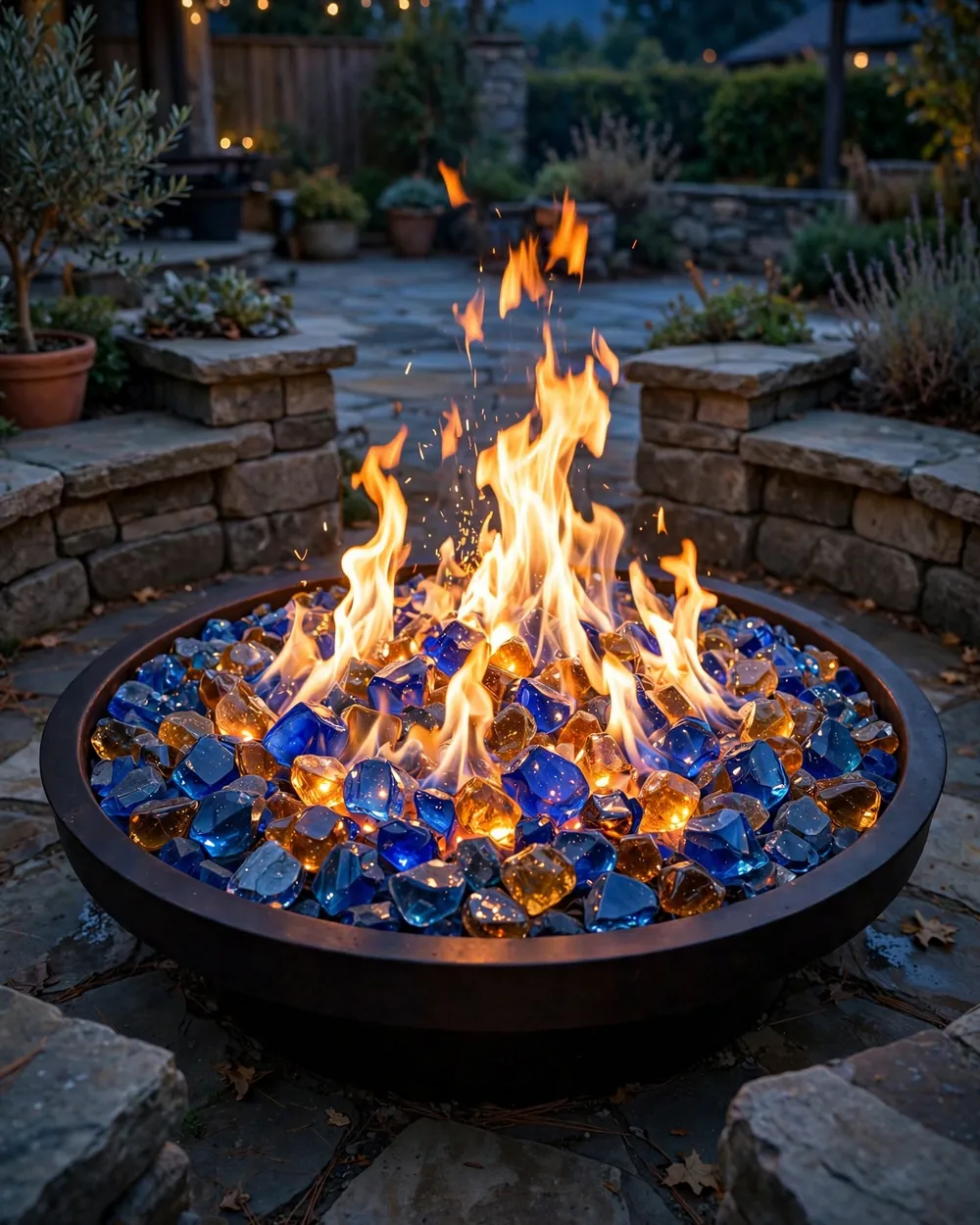 Fire Pit with Fire Glass Rocks - 22 Glass Yard Art Ideas to Upgrade Your Landscape Style