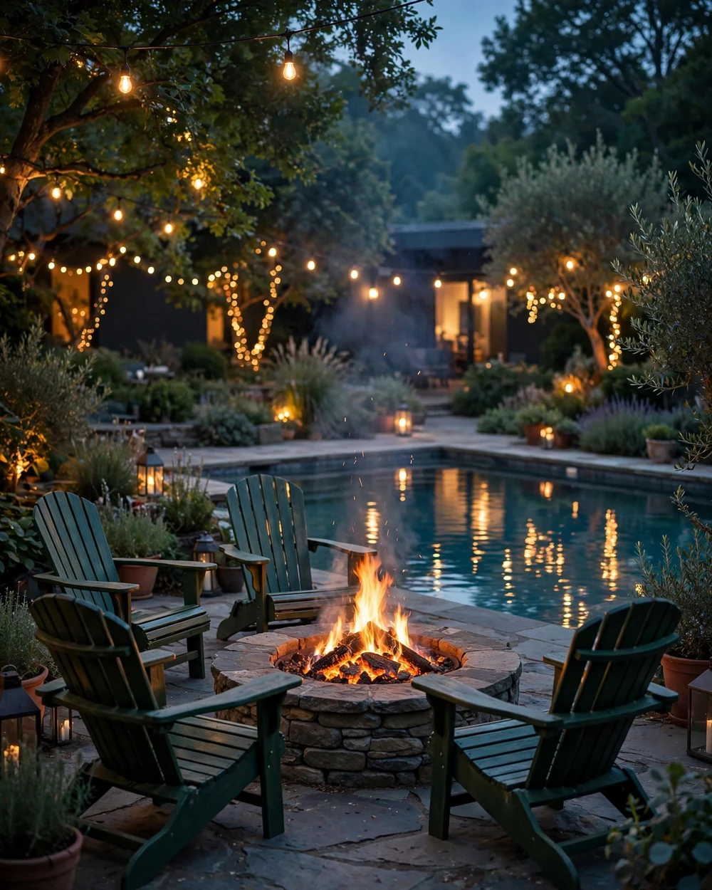 Fire Pit by the Pool - 21 Garden Pool Ideas for a Calm and Natural Backyard