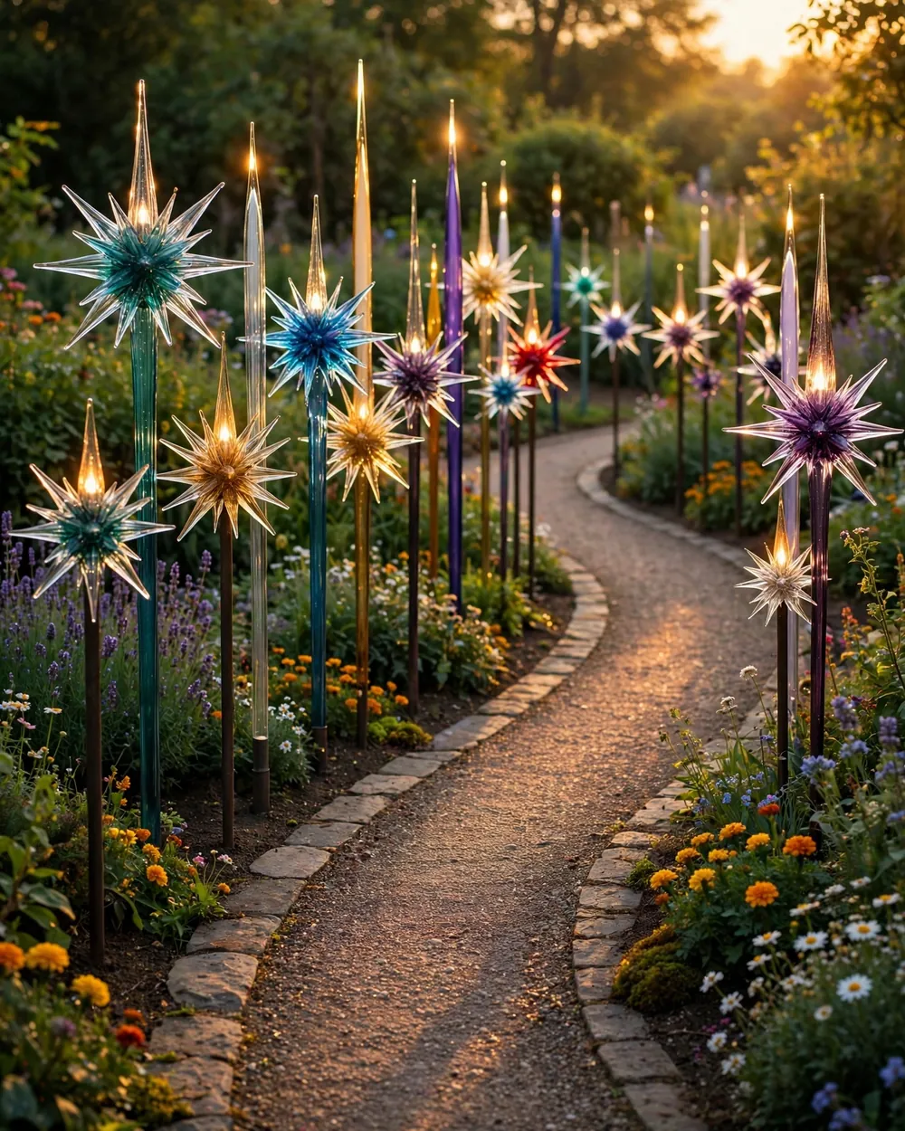 Glass Starburst Pathway Markers - 22 Glass Yard Art Ideas to Upgrade Your Landscape Style