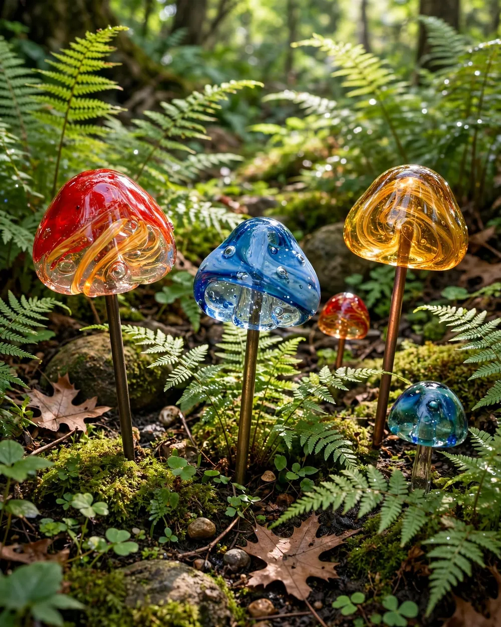 Whimsical Glass Mushroom Stakes - 22 Glass Yard Art Ideas to Upgrade Your Landscape Style