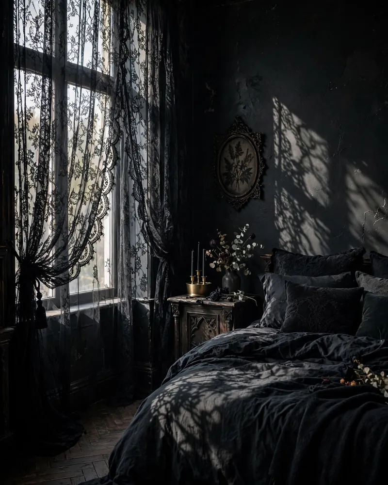 Black Lace Curtains - 22 Alt Bedroom Ideas for an Edgy, Personal Space