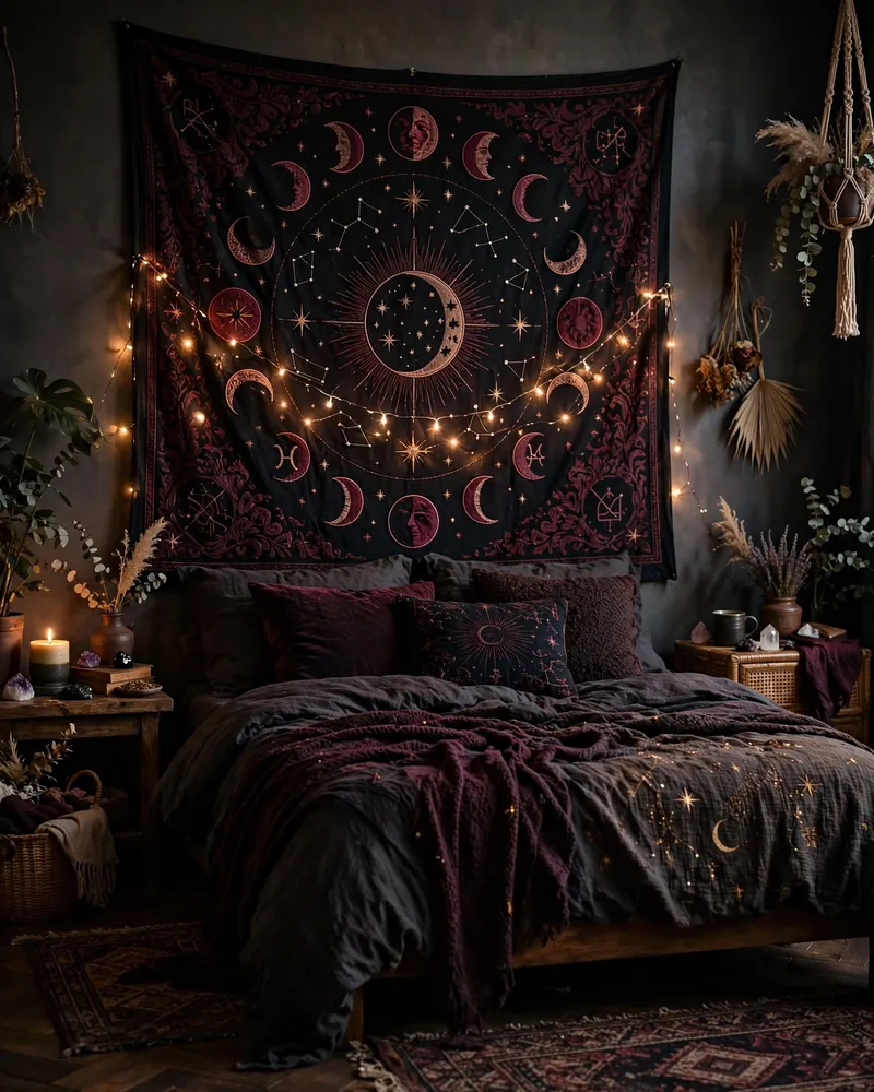 Dark Boho Tapestry Wall - 22 Alt Bedroom Ideas for an Edgy, Personal Space