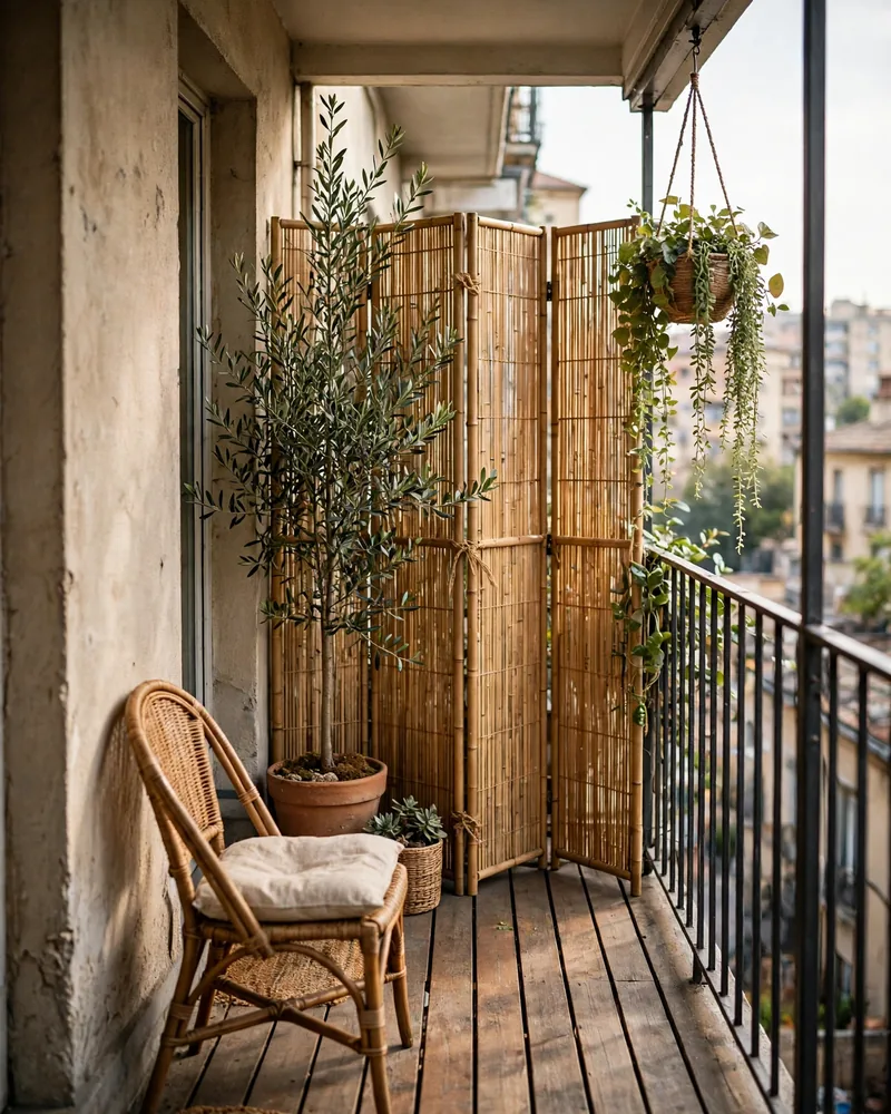 Add a Foldable Bamboo Privacy Screen - 17 Balcony Decor Ideas for a Charming Outdoor Escape