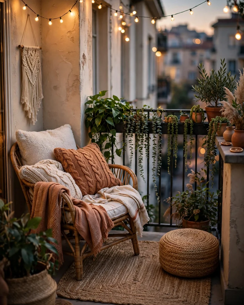 Layer Boho Textiles: Boucle Cushions and Chunky-Knit Throws - 17 Balcony Decor Ideas for a Charming Outdoor Escape