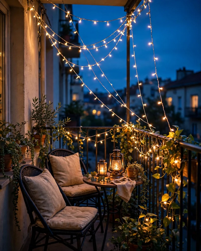 String Warm Fairy Lights Along the Railing - 17 Balcony Decor Ideas for a Charming Outdoor Escape
