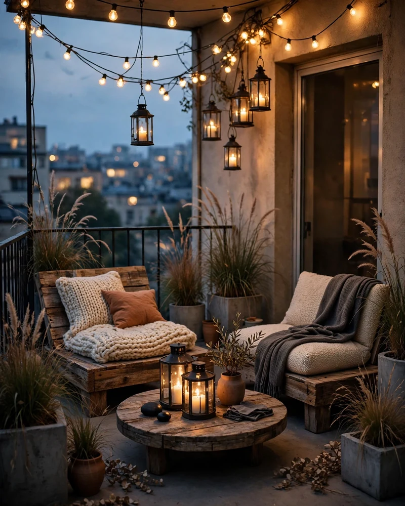 A Rustic-Modern Apartment Balcony Lounge for Evenings - 17 Balcony Decor Ideas for a Charming Outdoor Escape