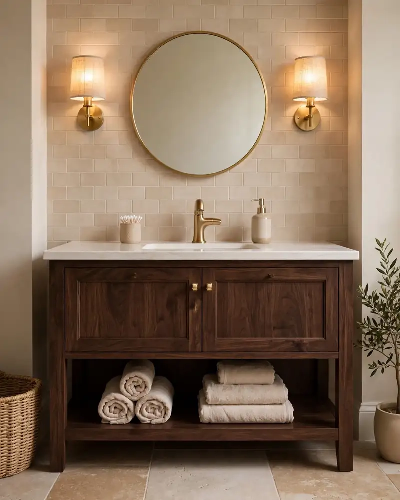 Dark Wood Vanity - 12 Brown and Beige Bathrooms With Timeless Appeal