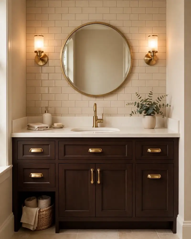 Espresso Vanity with Brushed Gold Fixtures - 12 Brown and Beige Bathrooms With Timeless Appeal