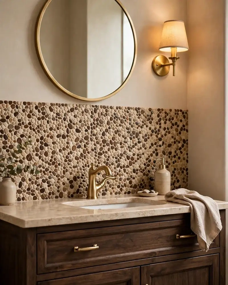 Mosaic Tile Backsplash in Beige - 12 Brown and Beige Bathrooms With Timeless Appeal