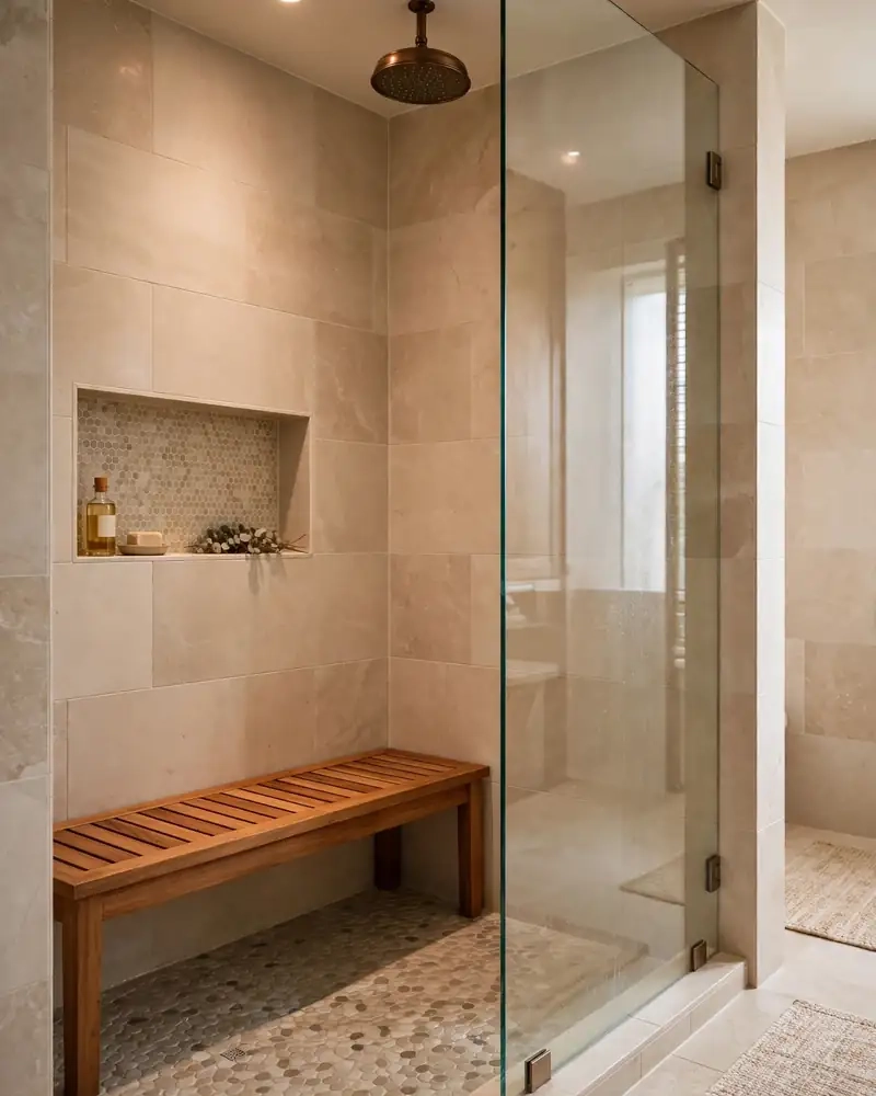 Walk-In Shower with Beige Tiles - 12 Brown and Beige Bathrooms With Timeless Appeal