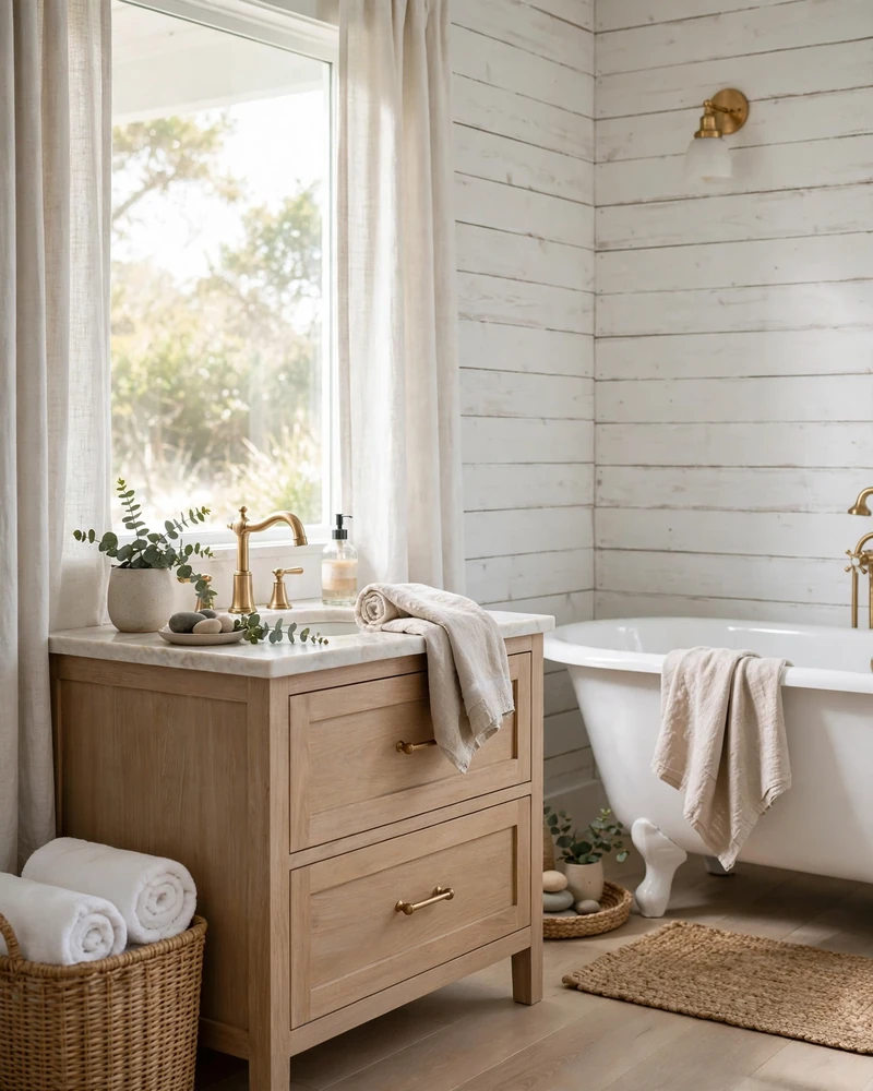 Whitewashed Shiplap Walls - 23 Coastal Bathroom Ideas for a Fresh Relaxed Retreat