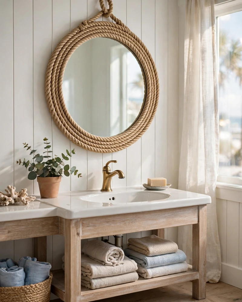 Rope-Wrapped Mirror Frame - 23 Coastal Bathroom Ideas for a Fresh Relaxed Retreat