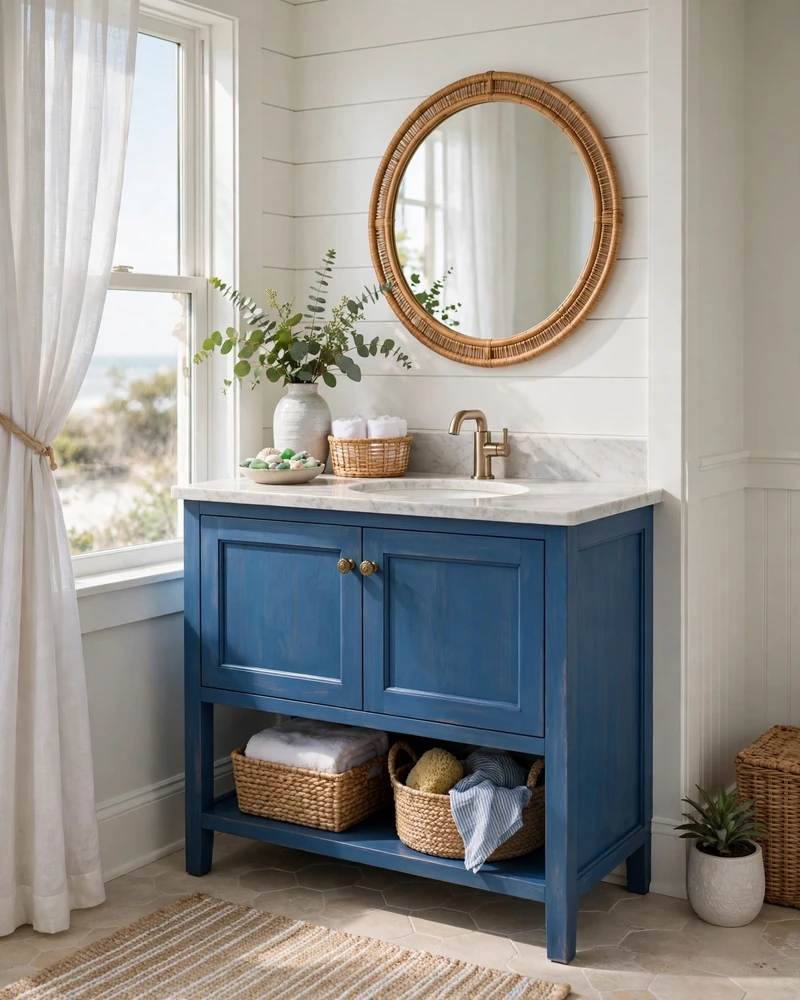 Ocean Blue Vanity Cabinet - 23 Coastal Bathroom Ideas for a Fresh Relaxed Retreat