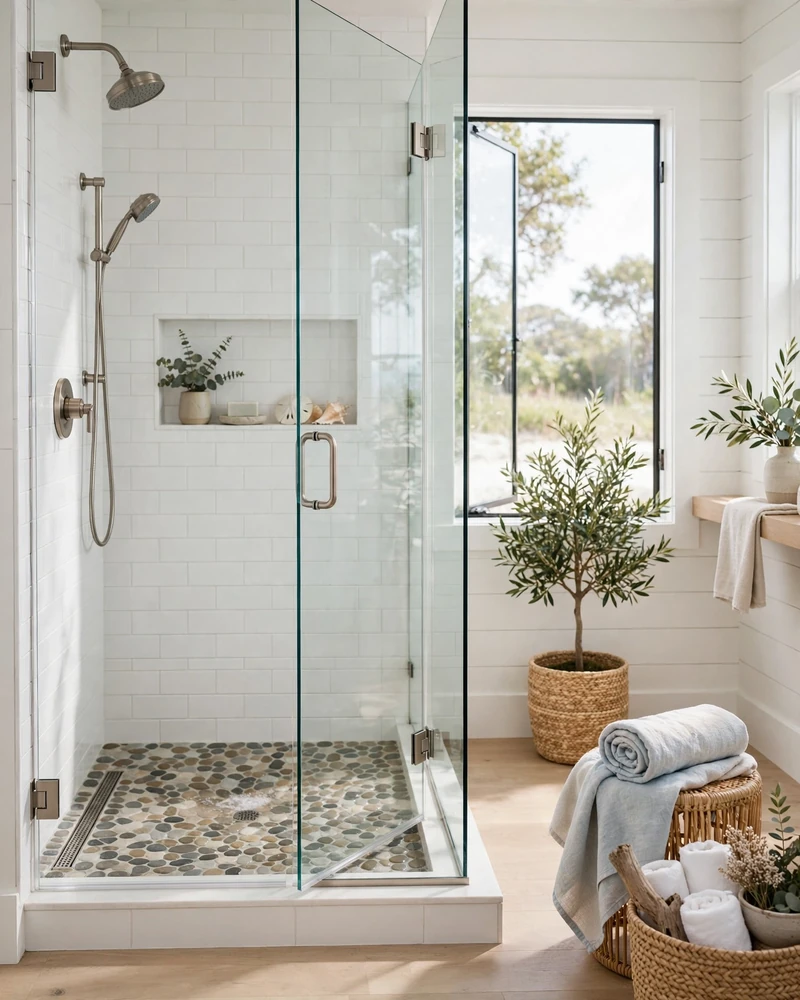 Pebble Stone Shower Floor - 23 Coastal Bathroom Ideas for a Fresh Relaxed Retreat