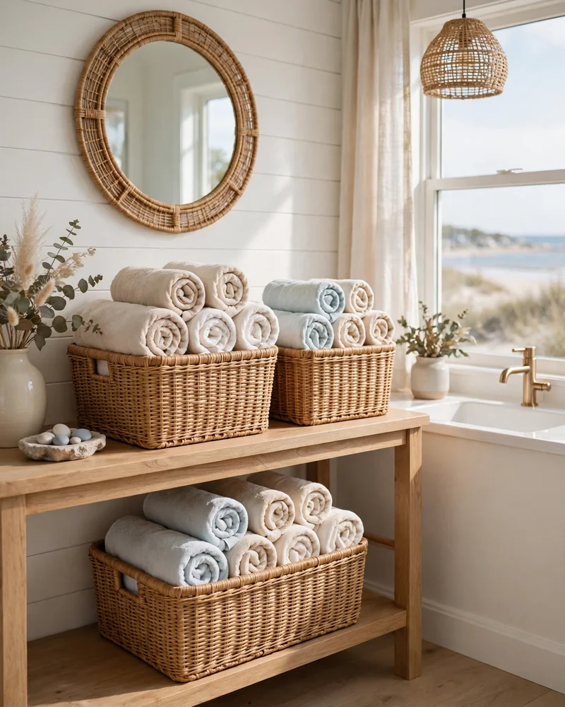Woven Rattan Storage Baskets - 23 Coastal Bathroom Ideas for a Fresh Relaxed Retreat