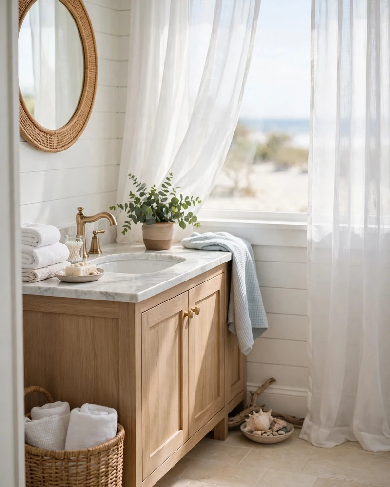 Sheer White Window Curtains - 23 Coastal Bathroom Ideas for a Fresh Relaxed Retreat