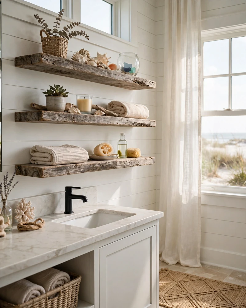 Weathered Wood Shelving - 23 Coastal Bathroom Ideas for a Fresh Relaxed Retreat