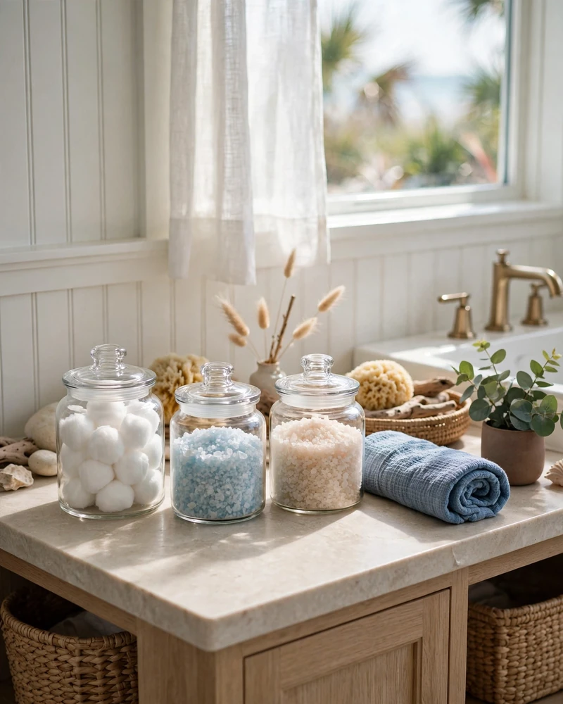 Glass Jar Storage - 23 Coastal Bathroom Ideas for a Fresh Relaxed Retreat
