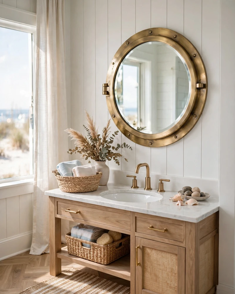 Round Porthole Mirror - 23 Coastal Bathroom Ideas for a Fresh Relaxed Retreat
