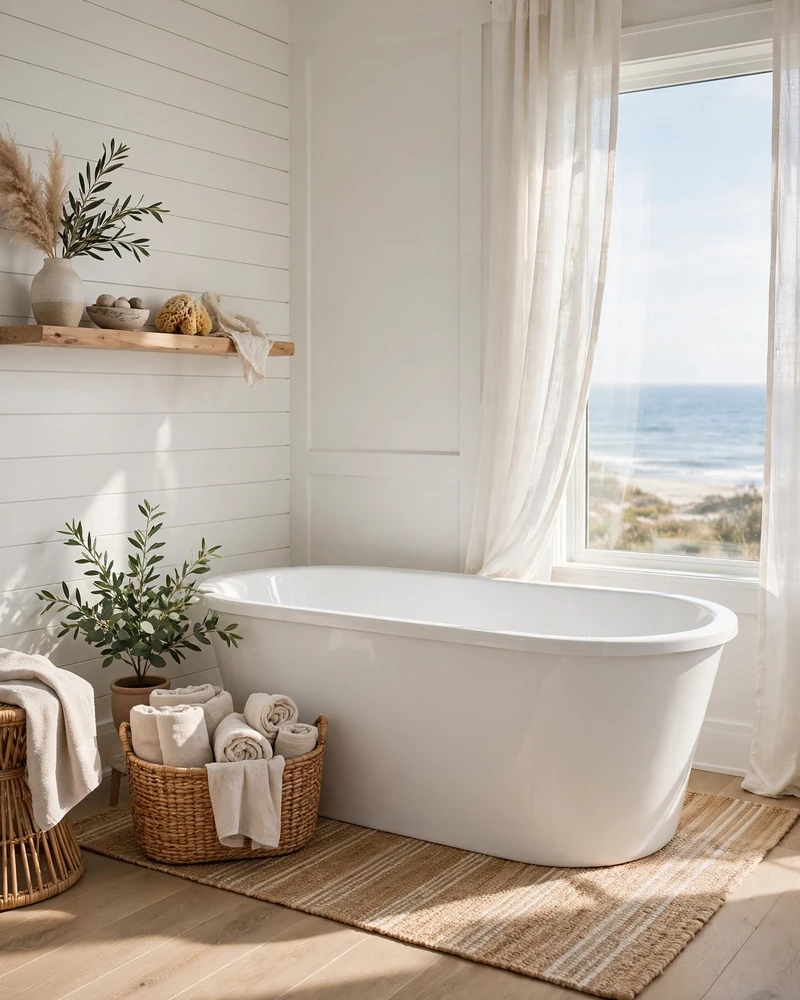 Freestanding Soaking Tub - 23 Coastal Bathroom Ideas for a Fresh Relaxed Retreat