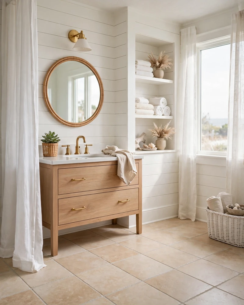 Sandy Beige Tile Flooring - 23 Coastal Bathroom Ideas for a Fresh Relaxed Retreat
