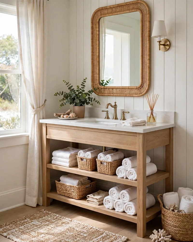 Coastal Open-Shelf Vanity - 23 Coastal Bathroom Ideas for a Fresh Relaxed Retreat