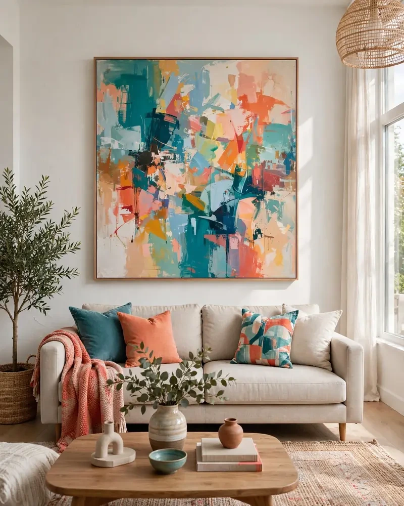 Colorful Art Above a Neutral Sofa - 18 Colorful Living Rooms That Feel Stylish and Fresh