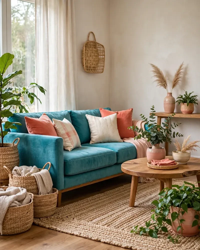 Coral and Turquoise Pairing - 18 Colorful Living Rooms That Feel Stylish and Fresh