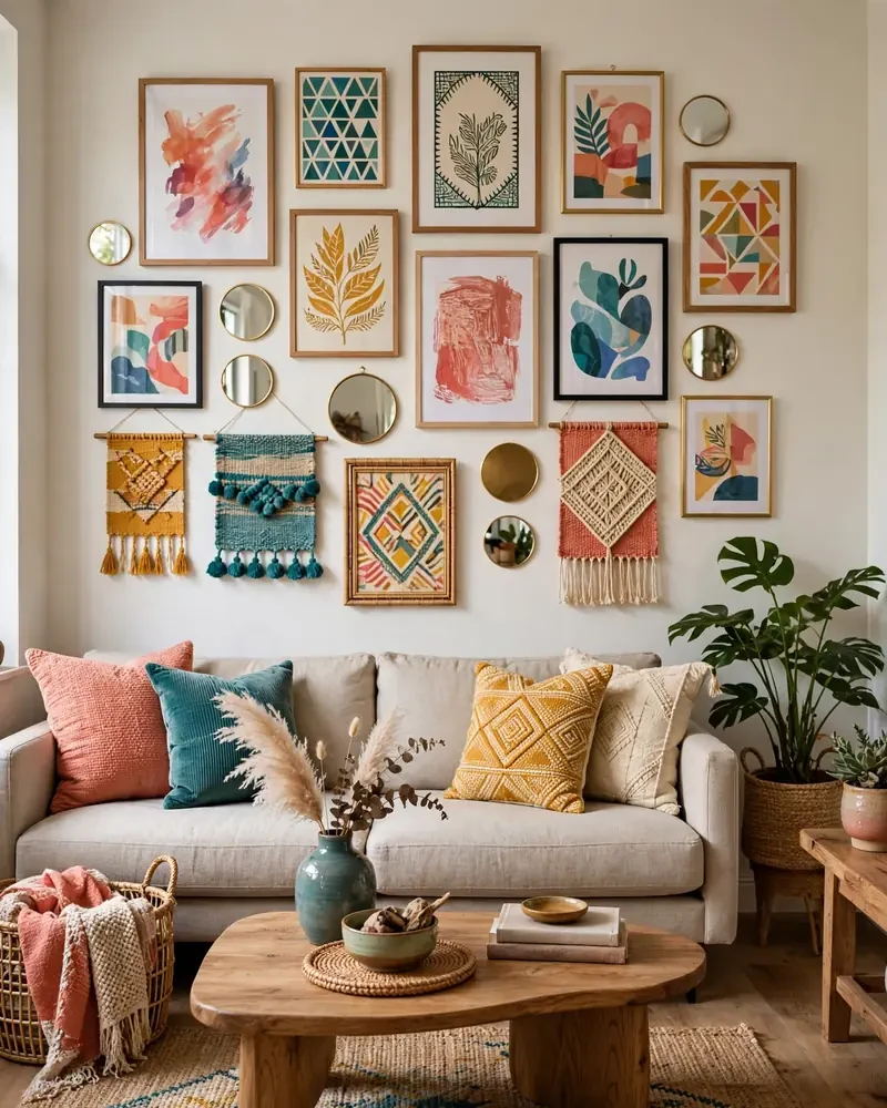 Eclectic Gallery Wall - 18 Colorful Living Rooms That Feel Stylish and Fresh