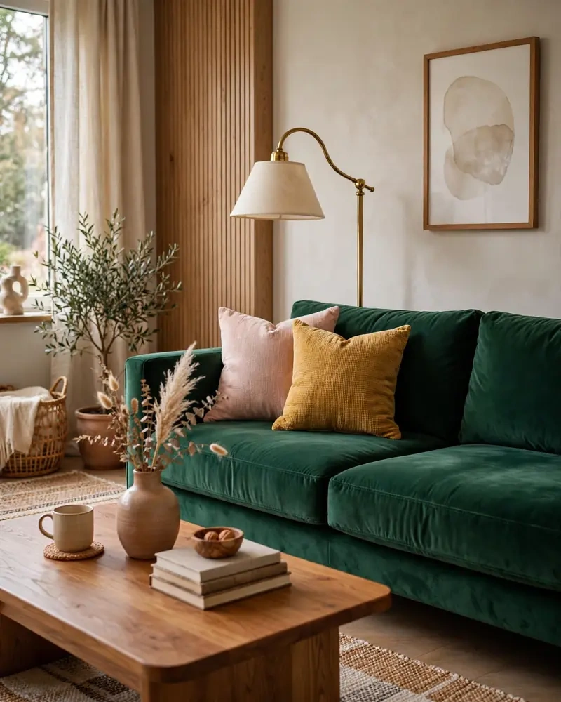 Emerald Green Velvet Sofa - 18 Colorful Living Rooms That Feel Stylish and Fresh