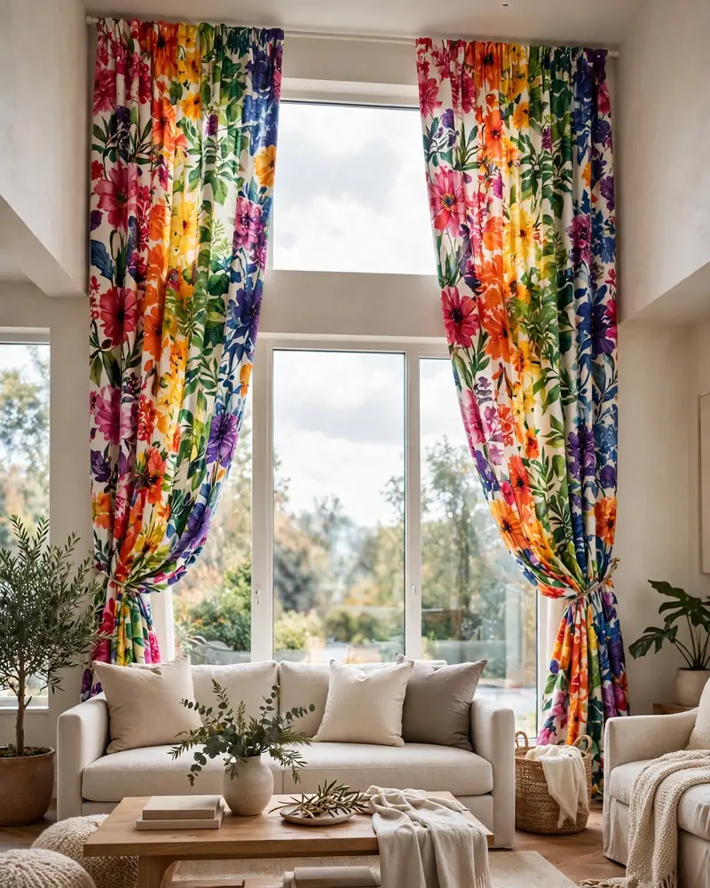 Patterned Colorful Curtains - 18 Colorful Living Rooms That Feel Stylish and Fresh