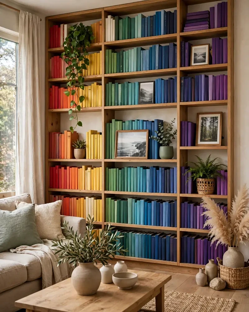 Rainbow Bookshelf Display - 18 Colorful Living Rooms That Feel Stylish and Fresh