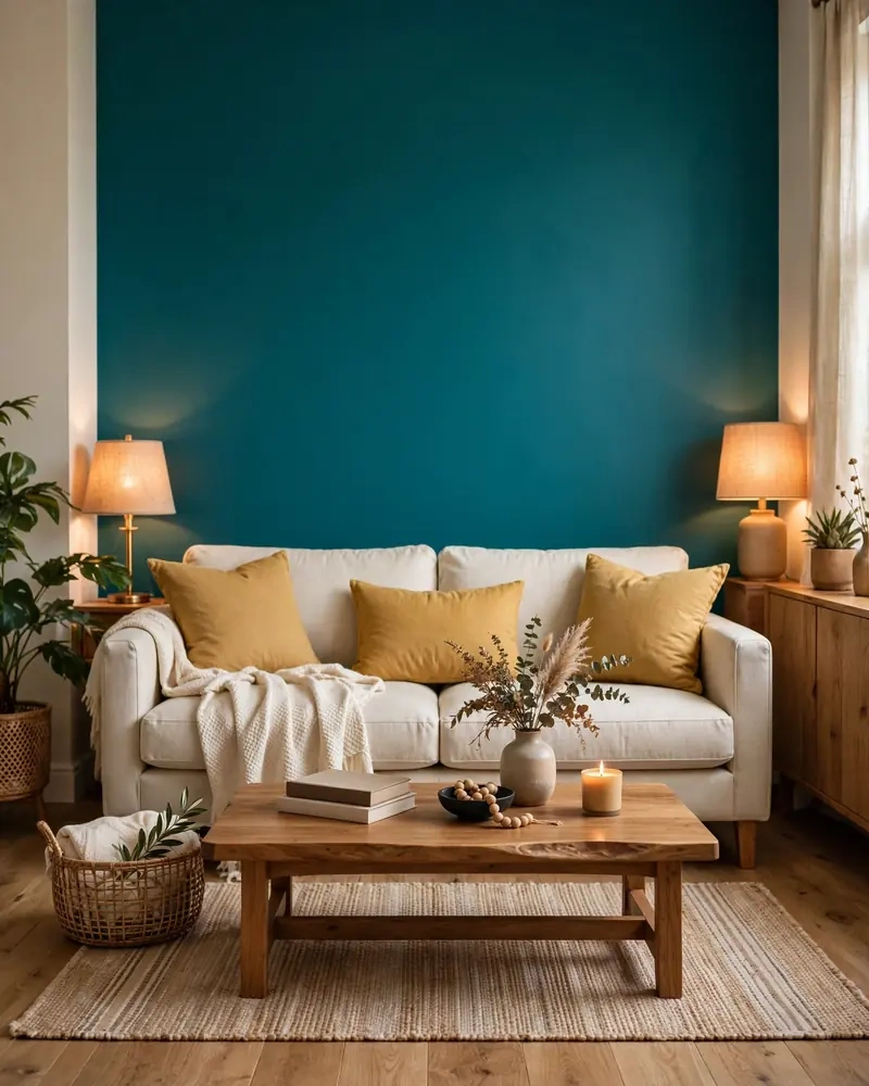 Bold Teal Accent Wall - 18 Colorful Living Rooms That Feel Stylish and Fresh