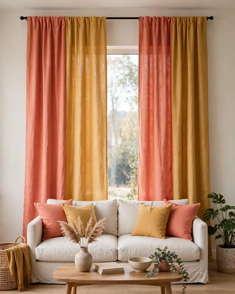 Two-Tone Colorblock Curtains - 18 Colorful Living Rooms That Feel Stylish and Fresh