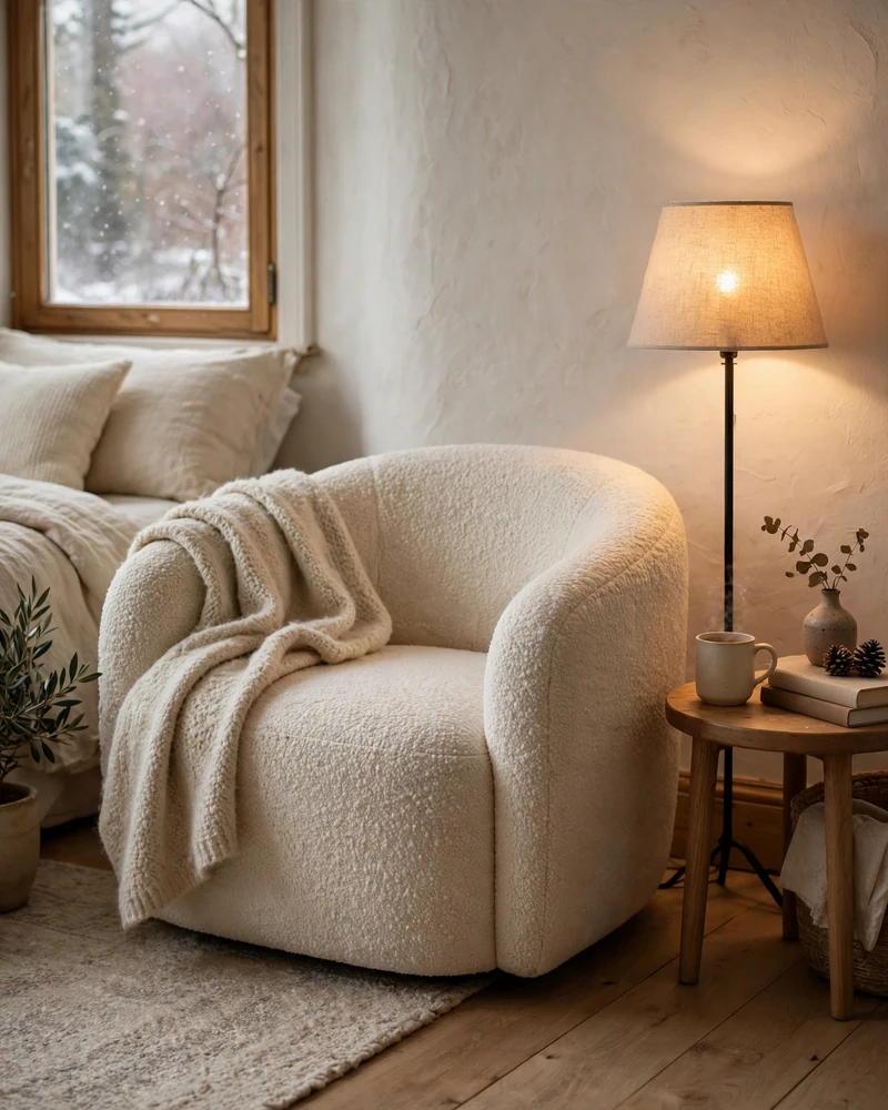 Boucle Bedroom Decor: A Nubby Reading Chair - 19 Cozy Winter Bedroom Ideas for a Warm Restful Retreat
