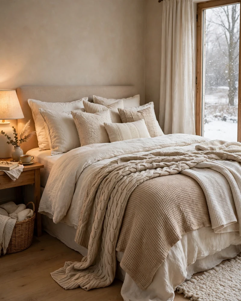 Layered Bedding in Winter Whites and Warm Beige - 19 Cozy Winter Bedroom Ideas for a Warm Restful Retreat
