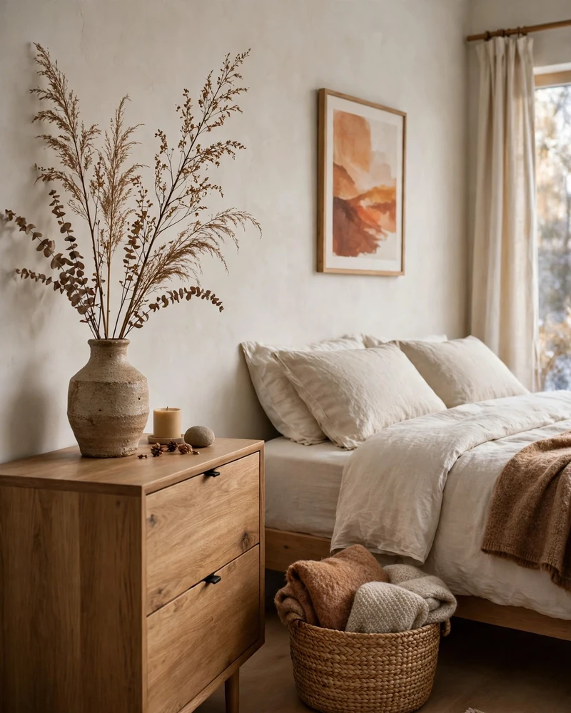 Restrained Winter Bedroom Decor: Ceramics, Branches, and Baskets - 19 Cozy Winter Bedroom Ideas for a Warm Restful Retreat