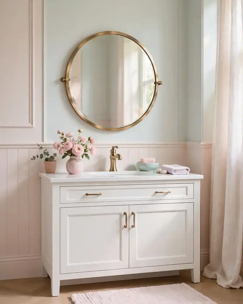 Round Brass Statement Mirror - 19 Cute Bathroom Ideas for a Sweet and Stylish Look