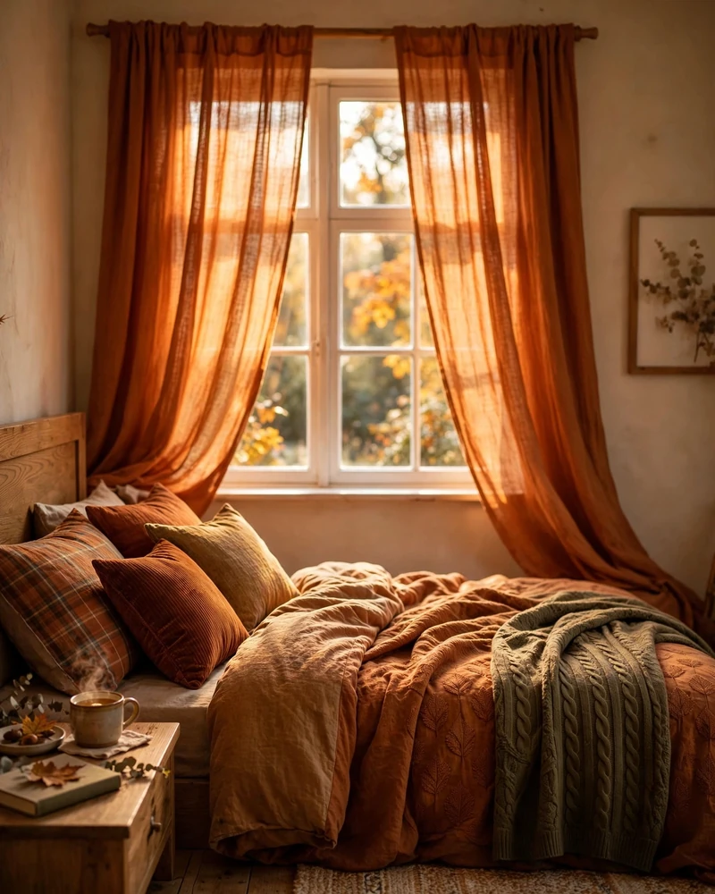 Burnt Orange Linen Curtains - 21 Fall Bedroom Decor Ideas for a Cozy Seasonal Look