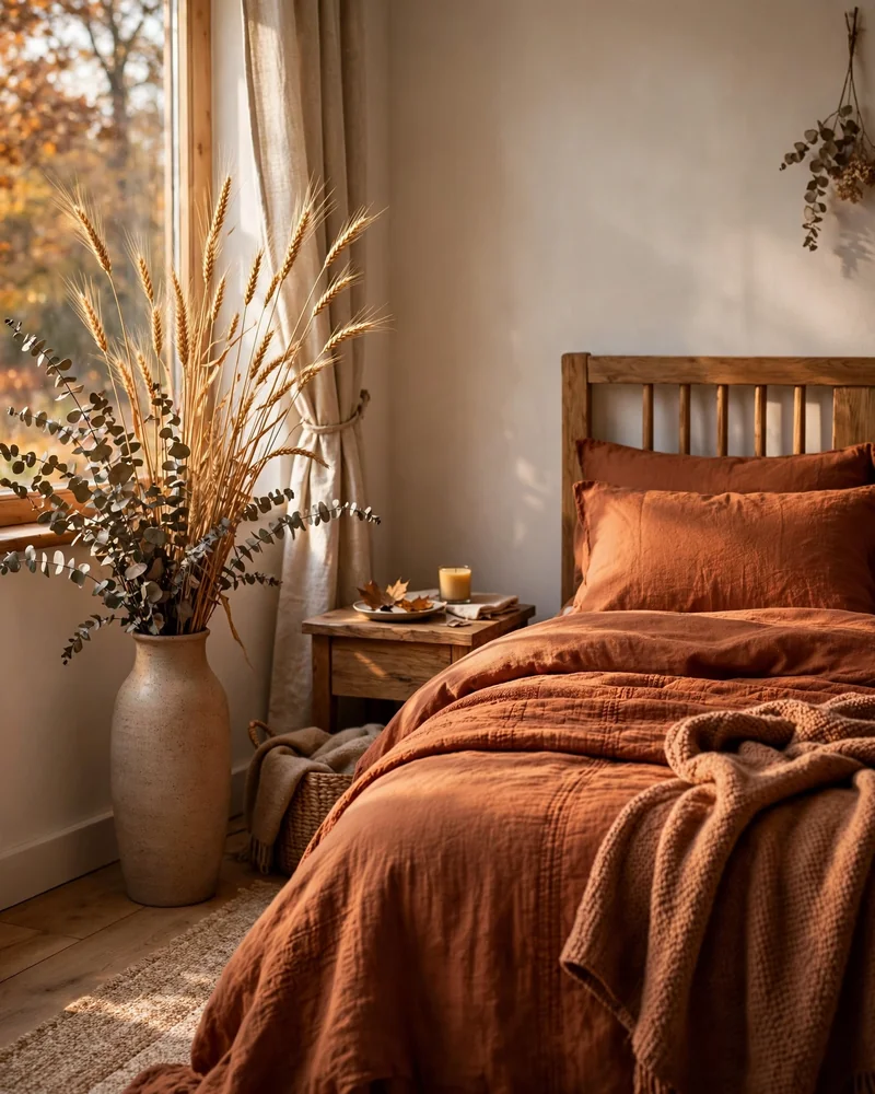 Dried Eucalyptus and Wheat Stalks in a Bedroom Vase - 21 Fall Bedroom Decor Ideas for a Cozy Seasonal Look