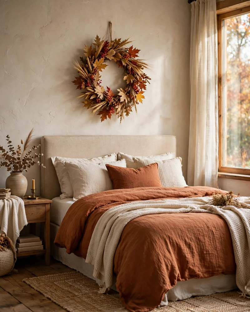 Fall Wreath Above the Headboard - 21 Fall Bedroom Decor Ideas for a Cozy Seasonal Look